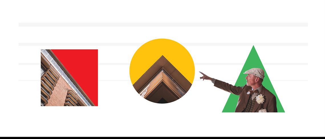 Bauhaus-Komposition aus rotem Quadrat, gelbem Kreis und grünem Dreieck, gefüllt mit Architekturaufnahmen; rechts zeigt eine freigestellte Person auf ein Gebäudedetail.